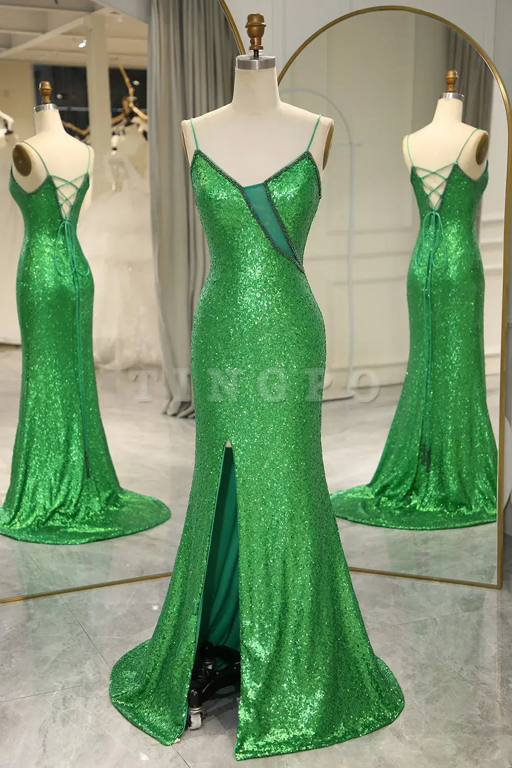 Wholesale Stylish Green Spaghetti Straps Lace Up Long Glitter Prom Dress with Split prom dress in store